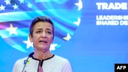 资料照片：欧盟委员会执行副主席兼竞争事务专员玛格丽特·维斯塔格在比利时鲁文举行的美国-欧盟贸易和技术理事会部长级会议期间讲话。(2024年4月5日)