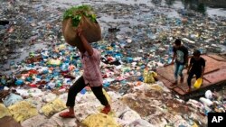 Seorang pria membawa sekarung sayur-sayuran berjalan melewati kanal yang dipenuhi oleh sampah plastik dan sampah-sampah lainnya di Mumbai, India. (Foto:Dok)