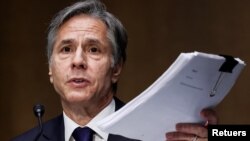 Menlu AS Antony Blinken berbicara di depan anggota Komisi Luar Negeri Senat AS, Selasa (14/9). 