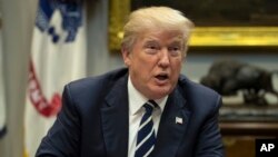 FILE - President Donald Trump speaks during a prison reform roundtable in the Roosevelt Room of the Washington, Jan. 11, 2018. 