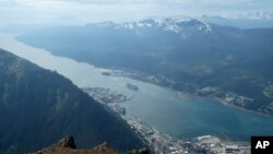 Cruise ships near downtown Juneau, Alaska, in May 2019, in this view from from Mount Juneau. A grant to Alaska Public Media will strengthen news access in the most remote state in the U.S. 