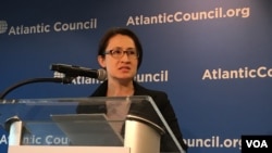 台湾民进党立法委员萧美琴2019年4月8日在美国大西洋理事会演讲 (美国之音锺辰芳拍摄)