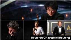 Foto para pemengang penghargaan Oscar, Rene Zelwegger, Brad Pitt, Bong Joon Ho, dan Joaquin Phoenix