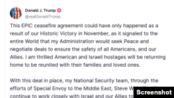 Trampova objava o primirju na mreži Truth social