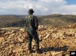 FILE - A Hezbollah fighter looks toward Syria while standing in the fields of the Lebanese border village of Brital, May 9, 2015. Iran has sent thousands of its Revolutionary Guard Corps to fight for the Syrian regime, joining with Iranian-backed Hezbollah fighters from Lebanon.