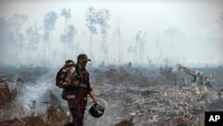 FILE - A fire fighter walks on a field as smoke billows from burnt trees at Sebangau National Park, Central Kalimantan, Indonesia, Thursday, Sept .19, 2019.