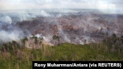 Penampakan dari udara kebakaran hutan yang terjadi di dekat desa Bokor, Kabupaten Kepulauan Meranti, Provinsi Riau, 15 Maret 2016. (Foto: Rony Muharrman/Antara Foto via REUTERS)