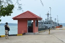 FILE - Cambodian navy personnel guard a jetty in Ream naval base in Preah Sihanouk province during a government organized media tour on July 26, 2019. (AFP)