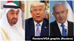  Mohammed Bin Zayed, Abu Dhabi’s Prince sheikh Prince oyo azali na motole, président Donald Trump ya Amerika mpe Ministre wa Yambo ya Israël Benjanim Netanyahu