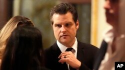 Matt Gaetz talks before President-elect Donald Trump speaks during an America First Policy Institute gala at his Mar-a-Lago estate, Nov. 14, 2024, in Palm Beach, Fla.