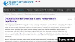 Sajt organizacije Transparentnost Srbija o nesreći u Novom Sadu