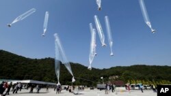 탈북자들이 휴전선 인근 파주에 북한 정부의 정책을 비난하는 전단을 담은 풍선을 날리고 있다. (자료사진)