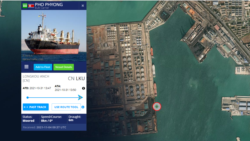 북한 선박 ‘포평’ 호(원 안)가 지난 4일을 기준으로 중국 룽커우 항에 머물던 지점. 자료=MarineTraffic