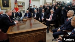 美国总统特朗普在白宫椭圆形办公室会晤中国副总理刘鹤。(2019年1月31日) 