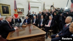 美国总统特朗普在白宫椭圆形办公室会晤中国副总理刘鹤。(2019年1月31日)