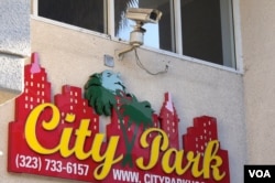 纪欣然公寓大门上的监视摄像机（美国之音国符拍摄）