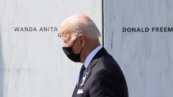 U.S. President Joe Biden visits the wall of the names of the victims on the 20th anniversary of the September 11, 2001 attacks, at the Flight 93 National Memorial in Stoystown, Pennsylvania, U.S., September 11, 2021.