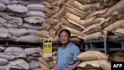 FILE - Chinese pig farmer and billionaire Sun Dawu poses at a feed warehouse in Hebei, outside Beijing, Sept. 24, 2019.