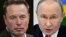 This combination of photos created on Oct. 25, 2024, shows SpaceX, Twitter and Tesla CEO Elon Musk in Paris on June 16, 2023, and Russian President Vladimir Putin in Kazan on Oct. 23, 2024.