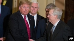 ARHIVA - Donald Tramp, tada predsednik, rukuje se sa Mičom Mekonelom, tada liderom republikanske većine, posle ručka na Kapitol hilu, 9. januara 2019. (Foto: AP) 