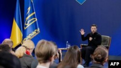 Ukrainian President Volodymyr Zelenskyy speaks during a press conference on the sidelines of the "Ukraine. Year 2025" forum in Kyiv, Feb. 23, 2025, one day before the third anniversary of Russia's invasion of Ukraine. 