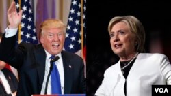 Kandidat Capres AS dari Partai Republik Donald Trump (kiri) dan Hillary Clinton (kanan) memberikan sambutan kepada para pendukungnya setelah pemilihan suara pendahuluan "Super Tuesday".