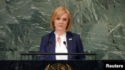 资料照片：英国首相特拉斯2022年9月21日在纽约联合国大会上发言。（路透社照片）