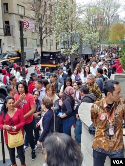 Antrian ratusan WNI yang hendak memberikan suara di KJRI New York meluber hingga ke 5th Avenue, Sabtu 13/4 (VOA/Naratama).