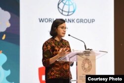 Menteri Keuangan Sri Mulyani berbicara mengenai pembiayaan pasca bencana dalam Pertemuan IMF-Bank Dunia di Bali, Rabu, 10 Oktober 2018.( Foto Humas Kemenkeu RI)