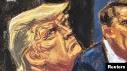 Skica iz sudnice: Tramp sedi pored svog advokata Toda Blanša dok sluša tužioca Stajnglasa (REUTERS/Jane Rosenberg