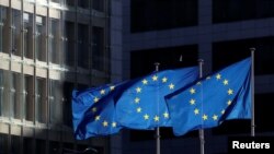 图为欧盟委员会布鲁塞尔总部大楼外飘扬的欧盟旗帜（2019年12月12日）。