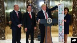 Presiden Donald Trump menunjukkan bagan saat berbicara mengenai pembangunan infrastruktur kepada media di lobi Trump Tower, 15 Agustus, 2017 di New York.