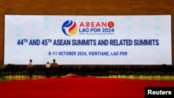 Signage is seen at the National Convention Centre ahead of the 44th and 45th ASEAN Summits and Related Summits, in Vientiane, Laos, Oct. 7, 2024.
