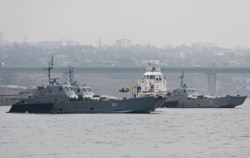 Landing crafts of the Russian Navy's Caspian Flotilla are pictured on the Don River during the inter-fleet move from the Caspian Sea to the Black Sea, on the outskirts of Rostov-on-Don, Russia April 12, 2021.