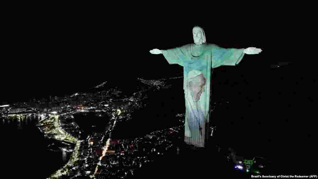 A picture of Pope Francis is projected on the Christ the Redeemer statue in Rio de Janeiro, Brazil, on Feb. 27, 2025.