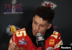 Kvoterbek Kanzas Siti Čifsa, Patrik Mahoms, na konferenciji za novinare u Las Vegasu (Foto: Kirby Lee-USA TODAY Sports)