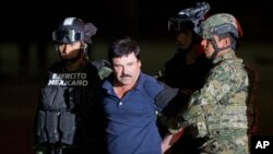 Joaquin "El Chapo" Guzman dikawal menuju helikopter di hanggar di Mexico City, Mexico, 8 Januari 2016. (AP/Eduardo Verdugo)