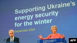 European Commission President Ursula von der Leyen, right, and Executive Director of the International Energy Agency (IEA) Fatih Birol speak at a press conference on supporting Ukraine's energy security, at EU headquarters in Brussels, Sept. 19, 2024.