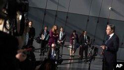 United States Secretary of State Antony Blinken speaks during a media conference at NATO headquarters in Brussels, Nov. 13, 2024.