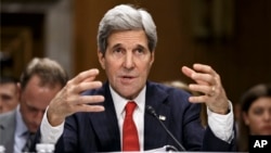 Secretary of State Kerry testifies on Capitol Hill in Washington, April 8, 2014, before the Senate Foreign Relations Committee to discuss his budget and the status of diplomatic hot spots around the world. 