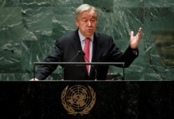Sekjen PBB Antonio Guterres memberikan pidato di Majelis Umum PBB ke-76 di New York (21/9).