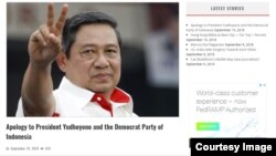Permintaan maaf kepada mantan Presiden RI SBY yang dimuat oleh Asia Sentinel hari Rabu 19 September 2018 (Foto: Courtesy)