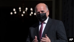 FILE - Iraqi Foreign Minister Fuad Hussein in Athens on Feb. 12, 2021. 