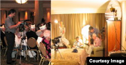 2005年全美《中缅印战场老兵协会》最后一度年会在华盛顿召开。卢百可专程从北京飞抵，日以继夜在宾馆房间和会场采访了那些正在离去的美国援华抗战老兵。左图：卢百可在会场实况录像；右图：卢百可在在一名老兵客房架机访谈其抗战经历。（RFA北明拍摄）