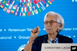 Managing Director Dana Moneter Internasional (IMF) Christine Lagarde dalam konferensi pers menjelang pertemuan tahunan IMF-Bank Dunia di Bali, 11 Oktober 2018.
