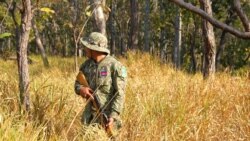 Park rangers show forest patrols to reporters in Cambodia's Srepok Wildlife Sanctuary in Koh Nhek district Mondulkiri on Jan. 17, 2021. (Aun Chhengpor/VOA)