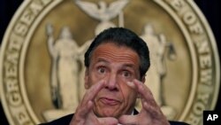 Gov. Andrew Cuomo holds a news conference in New York on May, 3, 2021, to announce that capacity restrictions for most types of businesses will end statewide beginning May 19.