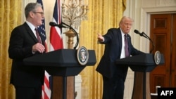 US President Donald Trump holds a press conference with British Prime Minister Keir Starmer in the East Room of the White House in Washington, Feb. 27, 2025. 