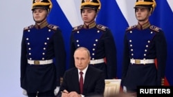 俄罗斯总统普京在莫斯科克里姆林宫出席俄罗斯吞并乌克兰四个地区的庆祝仪式。（2022年9月30日）