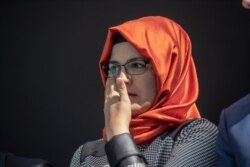 Hatice Cengiz, the fiancee of Jamal Khashoggi, attends an event marking the one-year anniversary of his killing, in Istanbul, Turkey, Oct. 2, 2019.